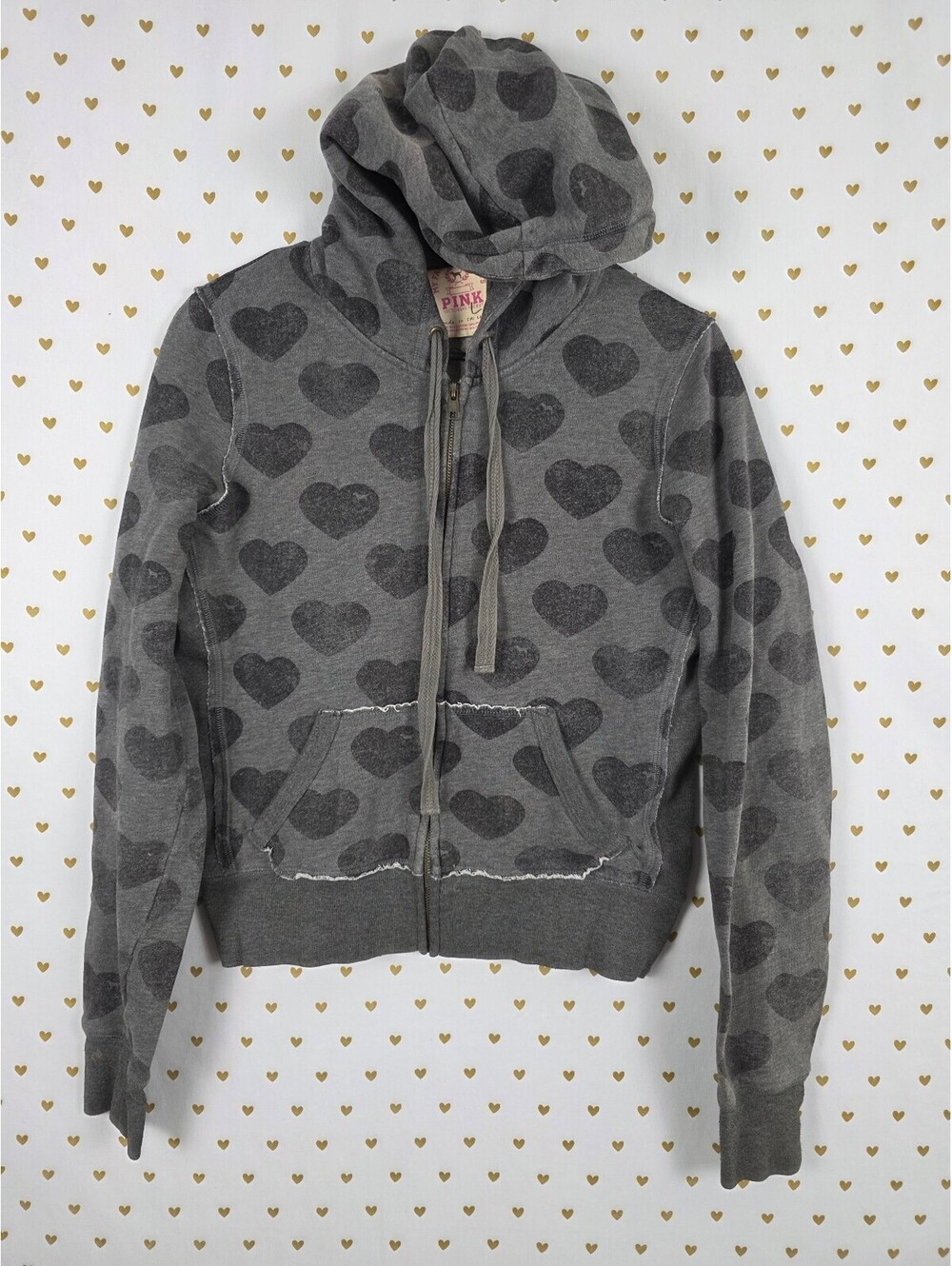 Victorias Secret Pink Vintage HTF hearts Full zip Hoodie Sweater Large Y2K L
